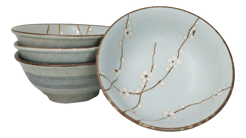 Set Of 4 Japan Made Sakura Cherry Blossoms Porcelain Ramen Soup Large Bowls 46oz