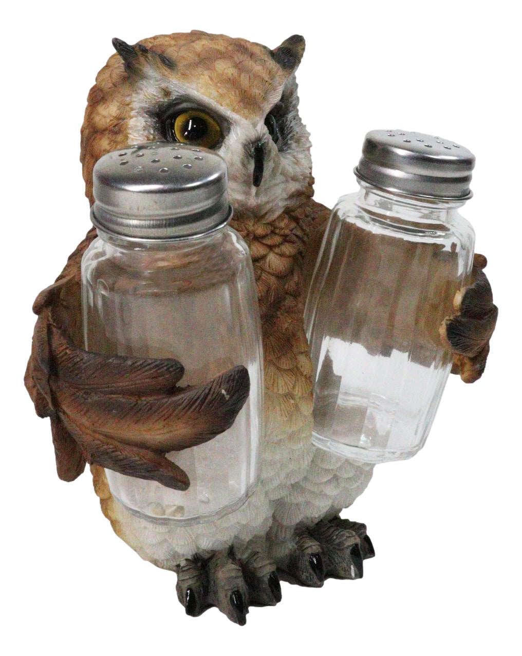 Brown Great Horned Owl Salt and Pepper Shaker Holder Set with Glass Shakers