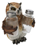Brown Great Horned Owl Salt and Pepper Shaker Holder Set with Glass Shakers
