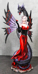 Fantasy Red Gowned Gothic Rose Fairy With Black Grendel Volcano Dragon Figurine