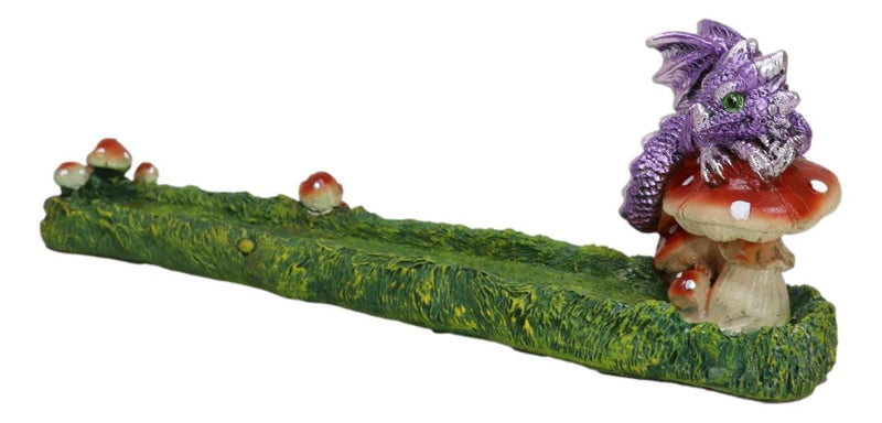 Purple Baby Dragon On Toadstool Mushroom Pasture Greens Incense Burner Figurine