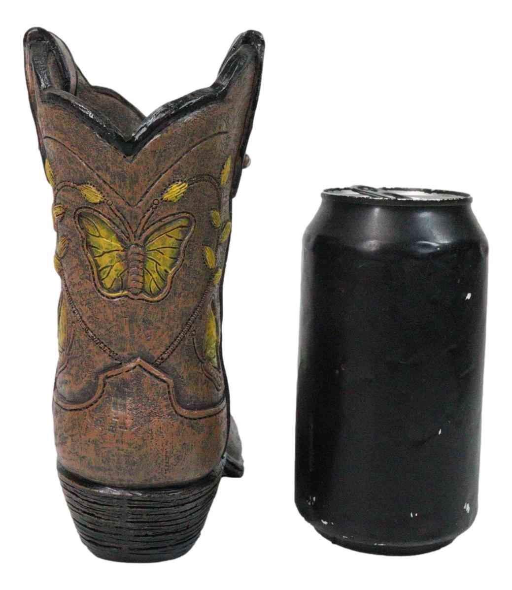 Western Yellow Butterfly and Flowers Faux Leather Cowgirl Boot Vase Figurine