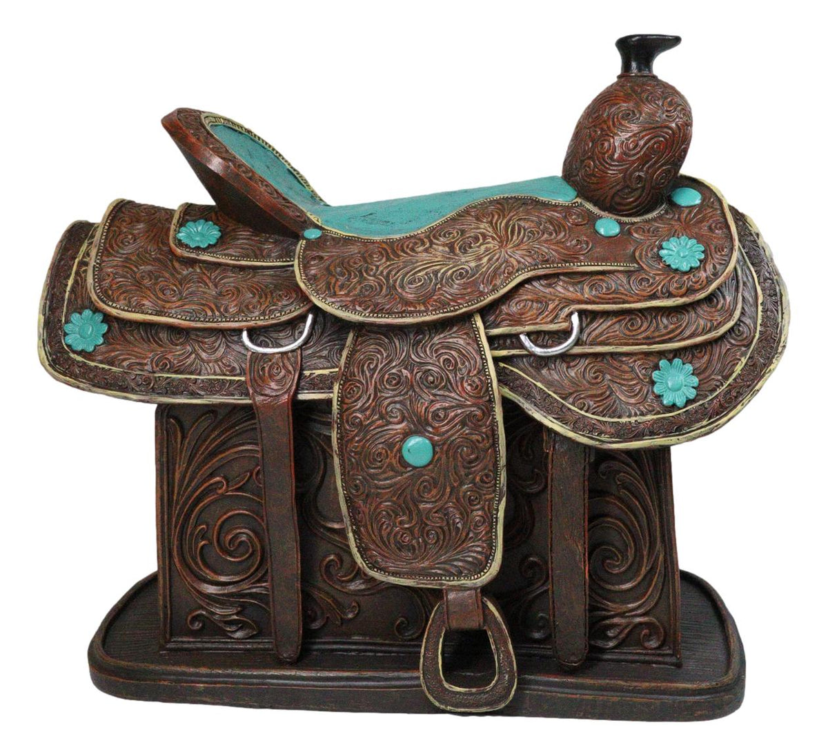 Western Saddle Centerpiece Figurine Faux Tooled Leather Turquoise Accents 13"L