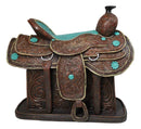 Western Saddle Centerpiece Figurine Faux Tooled Leather Turquoise Accents 13"L
