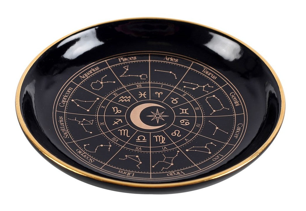 Wicca Black Astrology Wheel Round Incense Stick Burner Or Trinket Ceramic Dish