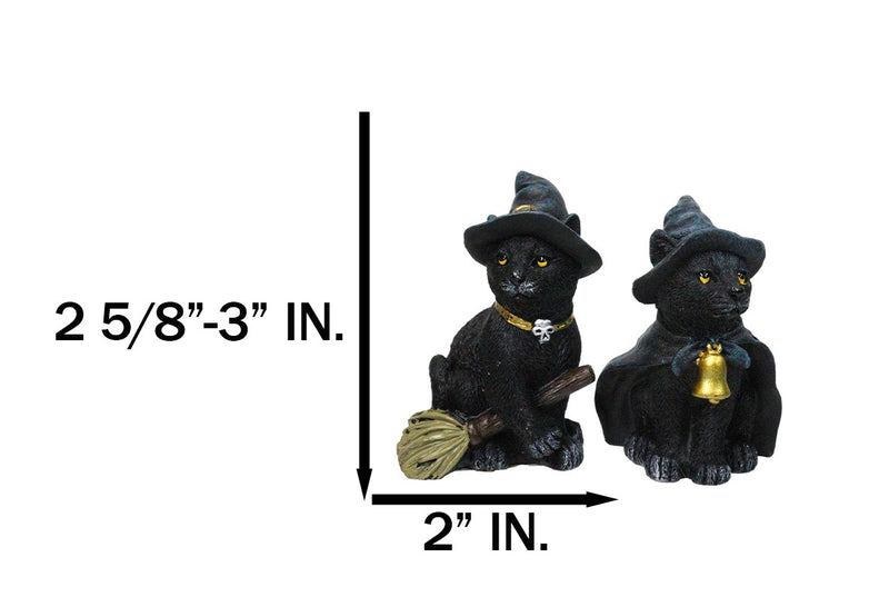 Set of 4 Halloween Black Cats With Witch Hats Broom Pentagram Mini Figurines