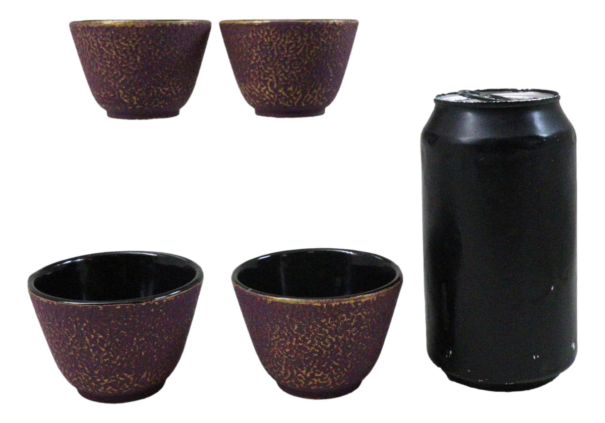 Pack Of 4 Burgundy Red With Gold Cast Iron Tetsubin Textured Tea Cups 3oz