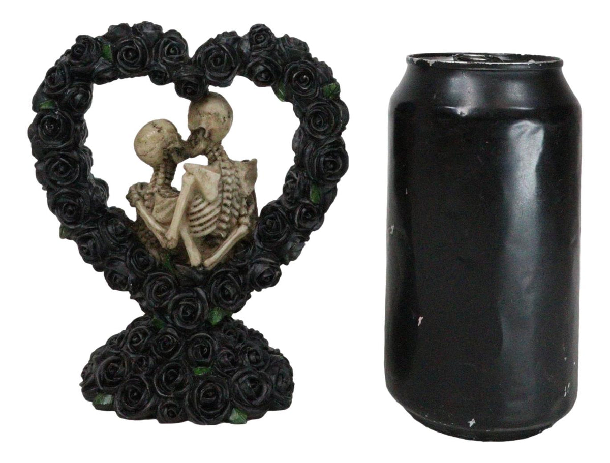 Love Never Dies Black Bridal Roses Heart Wreath Skeleton Couple Kissing Figurine - Ebros Gift