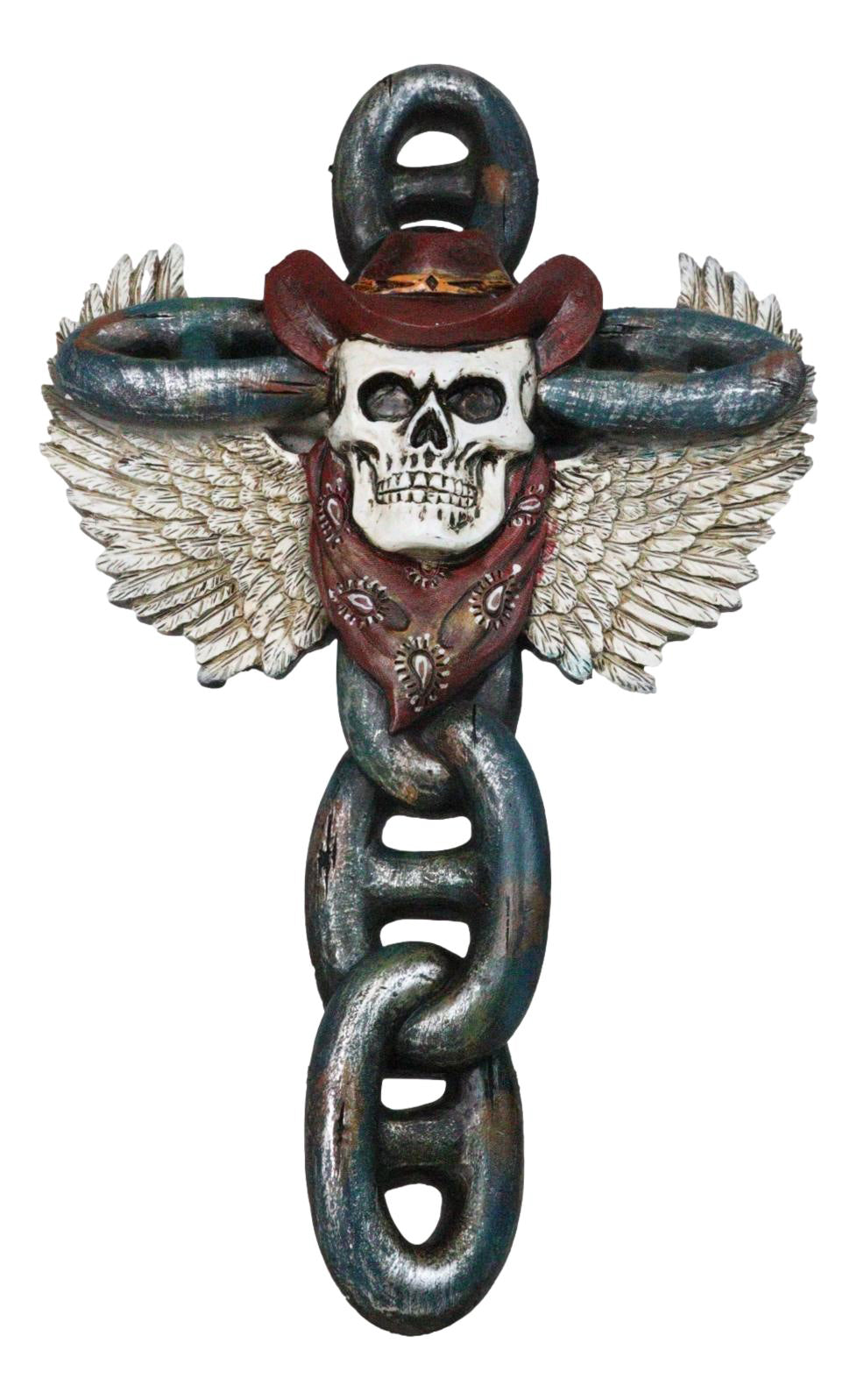 Gothic Angel Winged Cowboy Skull With Red Scarf Prison Shackle Chains Wall Cross