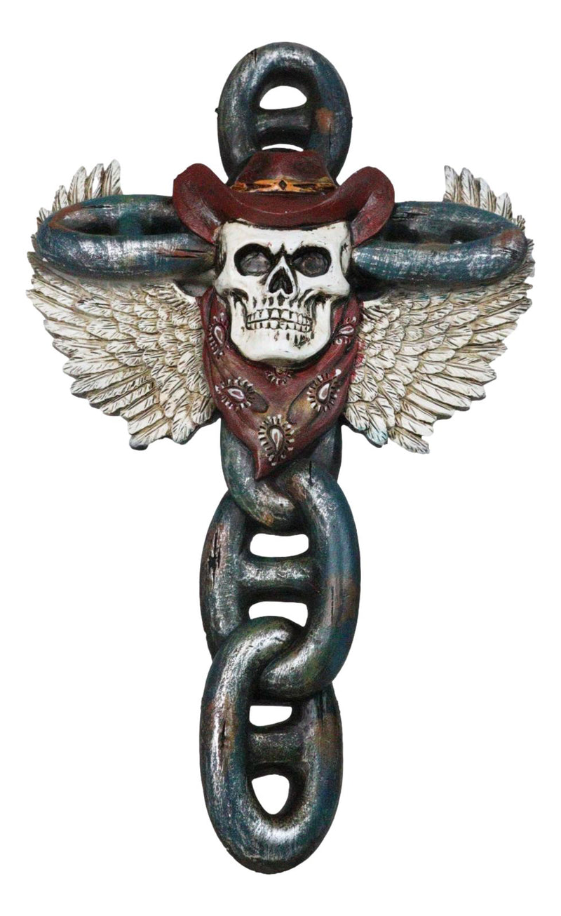 Gothic Angel Winged Cowboy Skull With Red Scarf Prison Shackle Chains Wall Cross