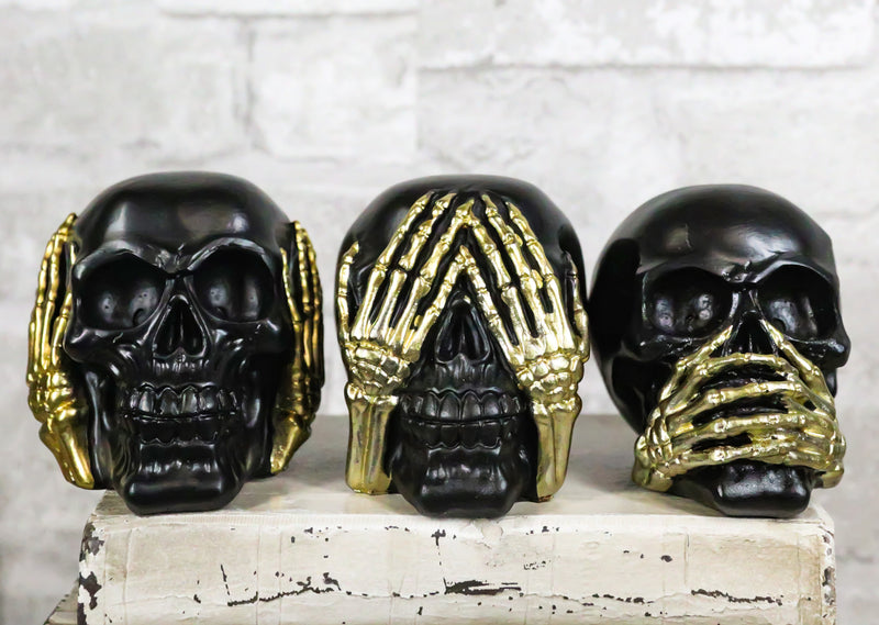 Set Of 3 Gothic Black See Hear Speak No Evil Skulls Golden Hands 3"H Figurines