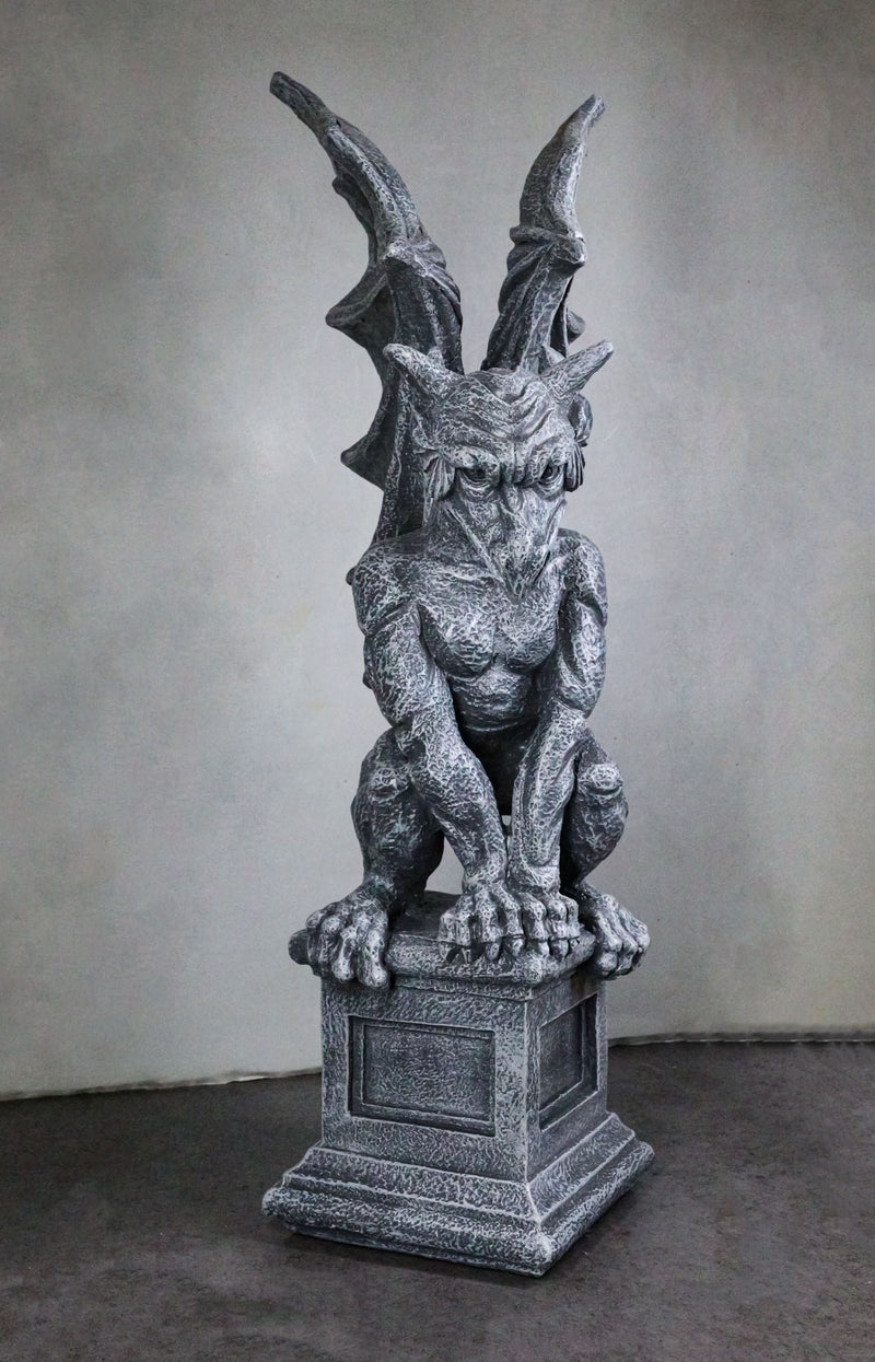 Large 17" H Gothic Crouching Wise Old Griffin Gargoyle On Pedestal Figurine
