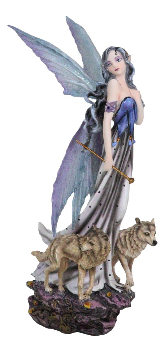 Pretty Fairy In Evening Gown With Gold Wand Accompanied By Gray Wolves Figurine