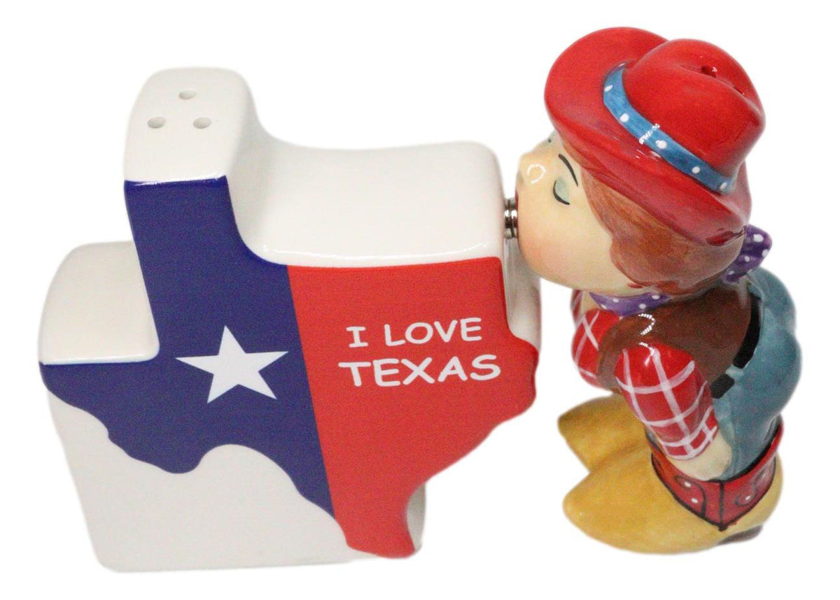 Western Cowgirl Kissing I Love Texas Sign Ceramic Salt And Pepper Shakers Set