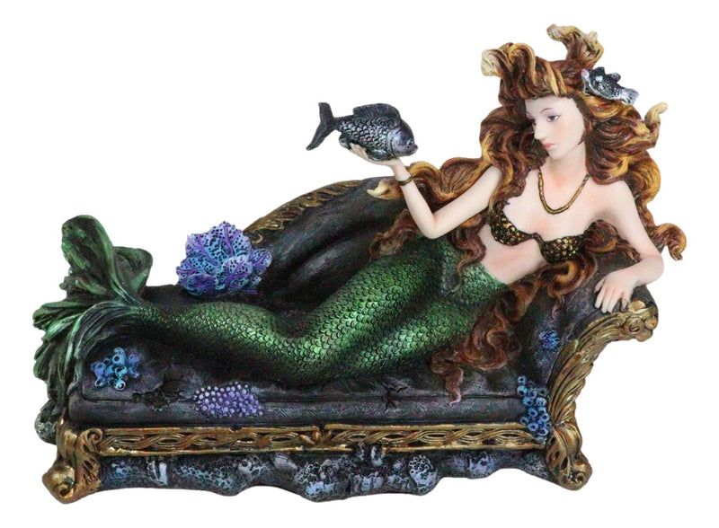 Queen Of Atlantis Siren Mermaid With Fish Resting On Sea Lounge Chair Figurine