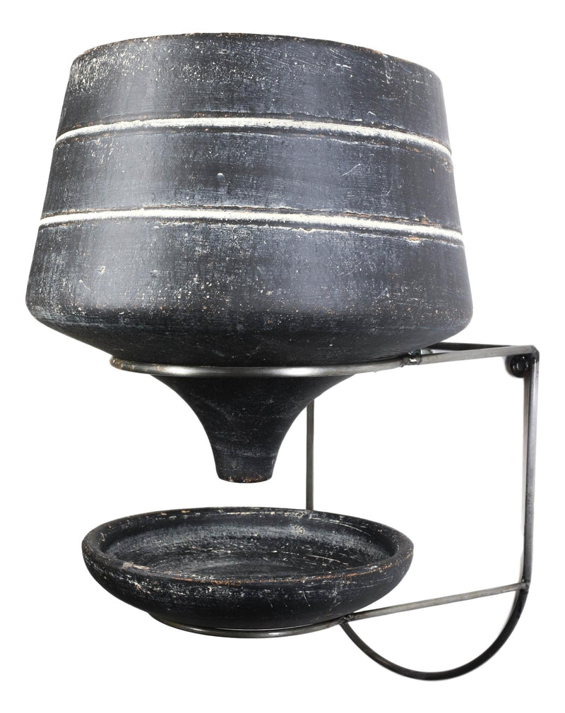 Rustic Traditional Black Clay Pot Wall Planter With Drip Dish And Wire Stand