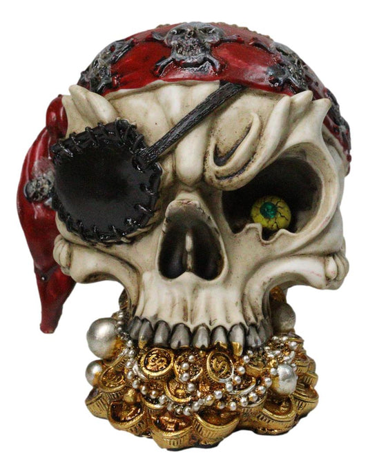 Pirate Skull Treasure With Bandana Eyepatch Gold Coins & Pearl Jewelry Figurine