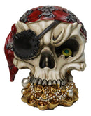 Pirate Skull Treasure With Bandana Eyepatch Gold Coins & Pearl Jewelry Figurine