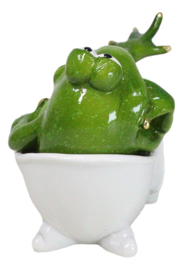 Green Frog with Golden Nails Soaking in Bath Tub While Daydreaming Figurine