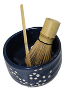 Navy Blue Sakura Blooms Ceramic Japanese Matcha Green Tea Bowl Whisk & Scoop Set