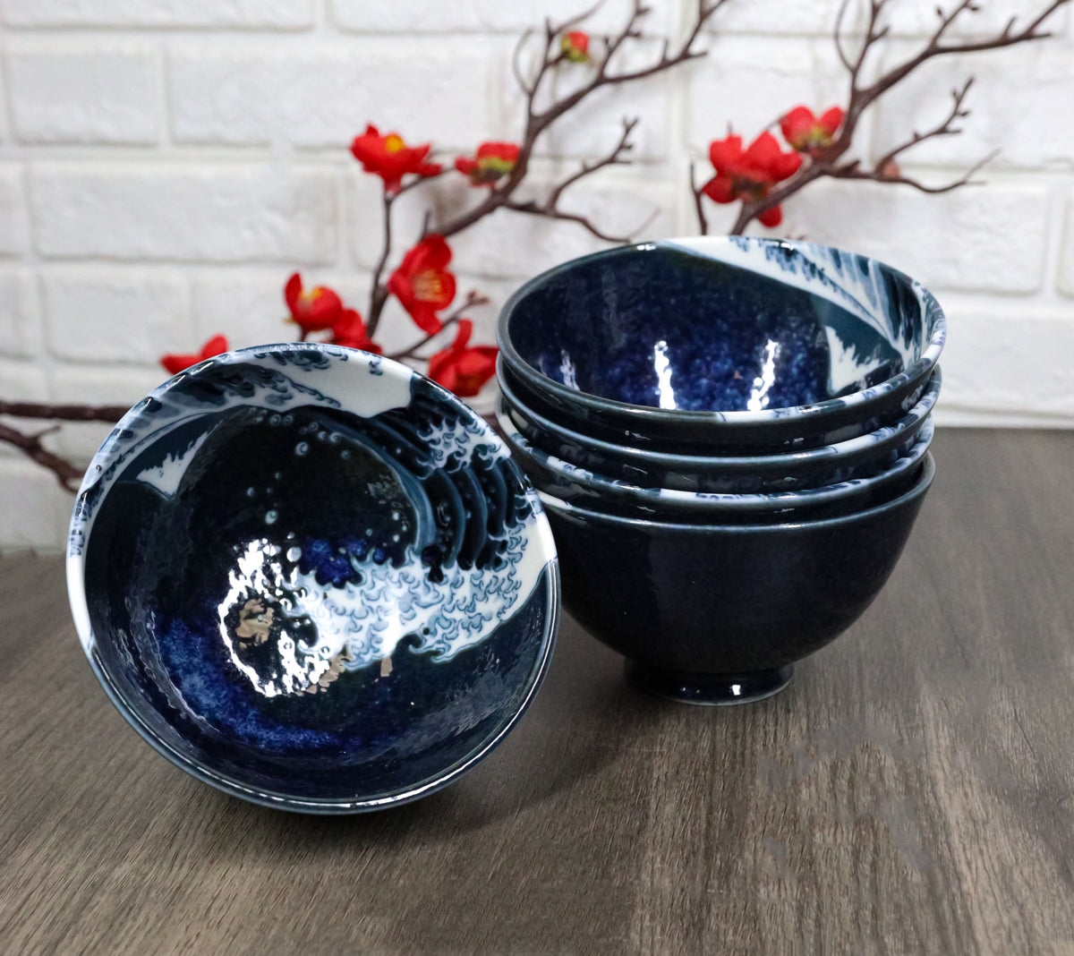 Set Of 5 Blue Japanese Hokusai Great Wave Porcelain Soup Rice Dessert Bowls 10oz