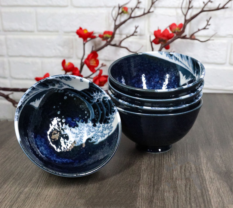 Set Of 5 Blue Japanese Hokusai Great Wave Porcelain Soup Rice Dessert Bowls 10oz