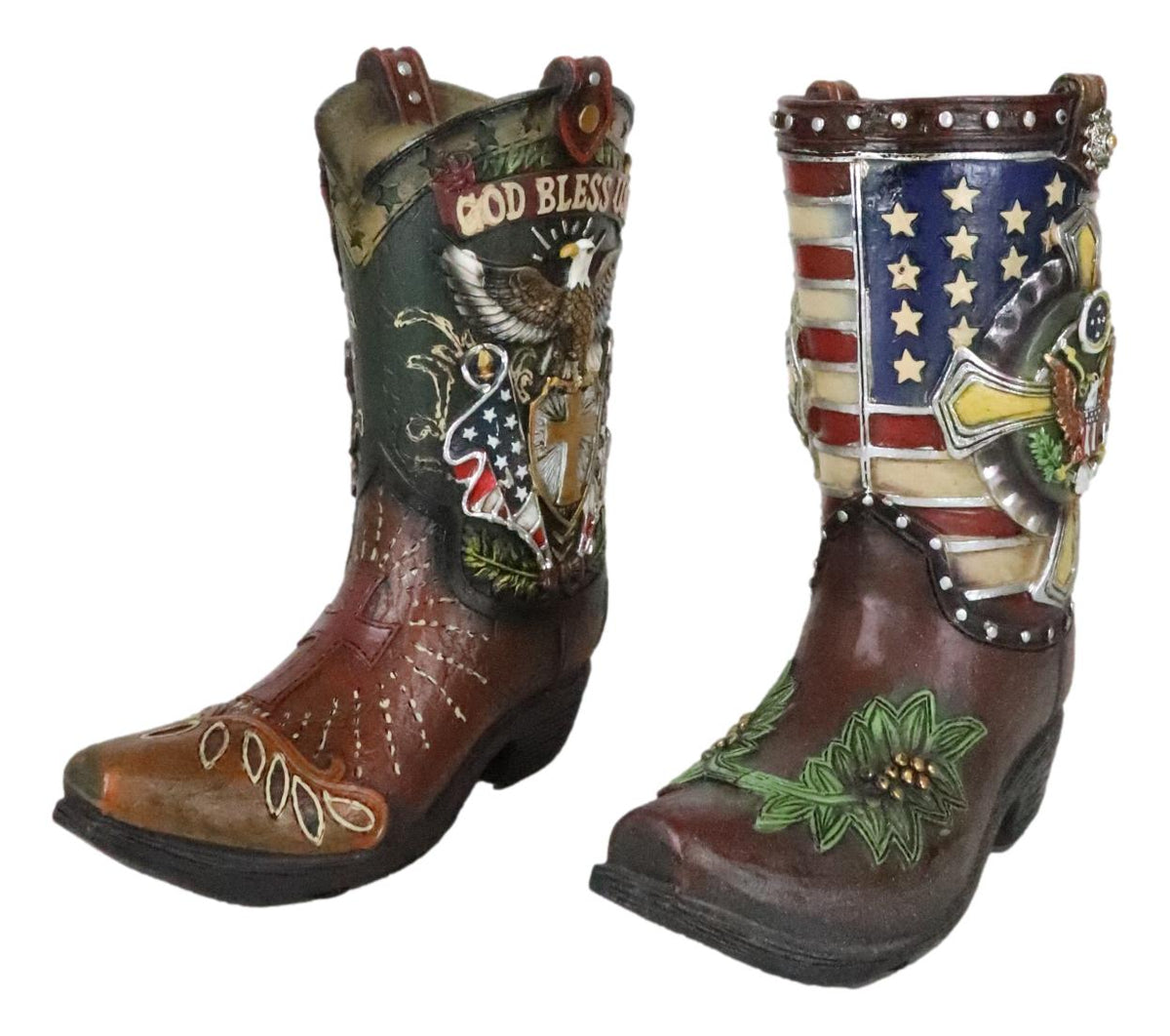 Set Of 2 Rustic Western Patriotic USA Flag Military Cowboy Boot Money Banks
