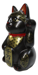 Japanese Lucky Charm Black Beckoning Cat Maneki Neko Ceramic Money Bank 6"H