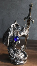 Legendary Silver Sorcerer Dragon Carrying Orb and Sword Letter Opener Figurine