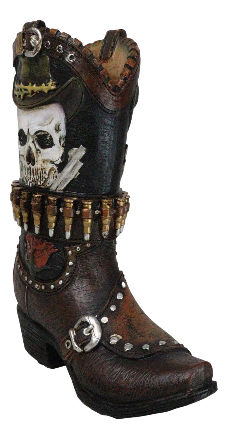 Rustic Western Wild West Skull with Dual Pistols Bullets Cowboy Boot Vase Holder
