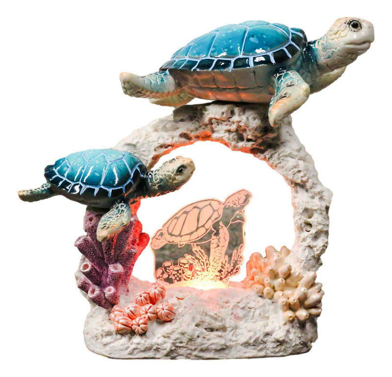 Sea Turtle Mother And Hatchling Family By Coral Reef With 3D LED Light Figurine
