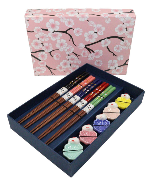 5 Pairs Of Pastel Sakura Cherry Blossoms Ceramic Rests And Wooden Chopsticks Set