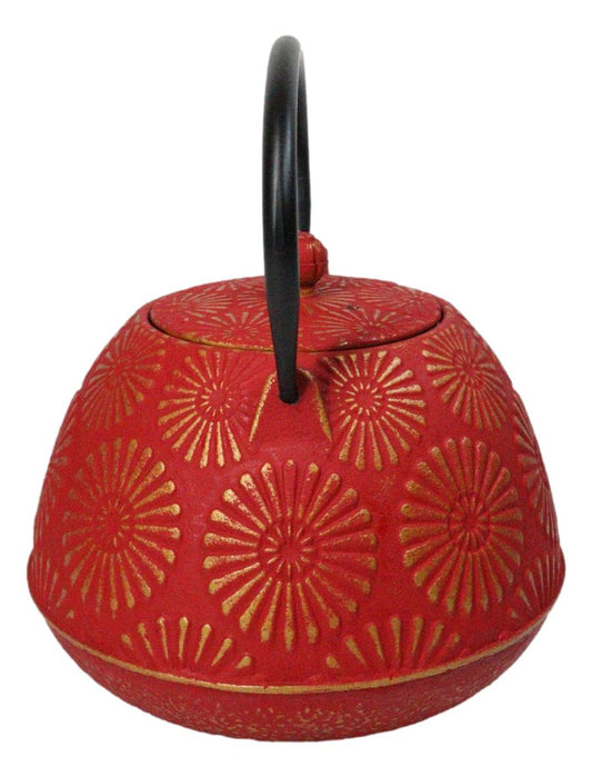 Red Gold Kiku Chrysanthemum Floral Design Large Cast Iron Tetsubin Teapot 40oz