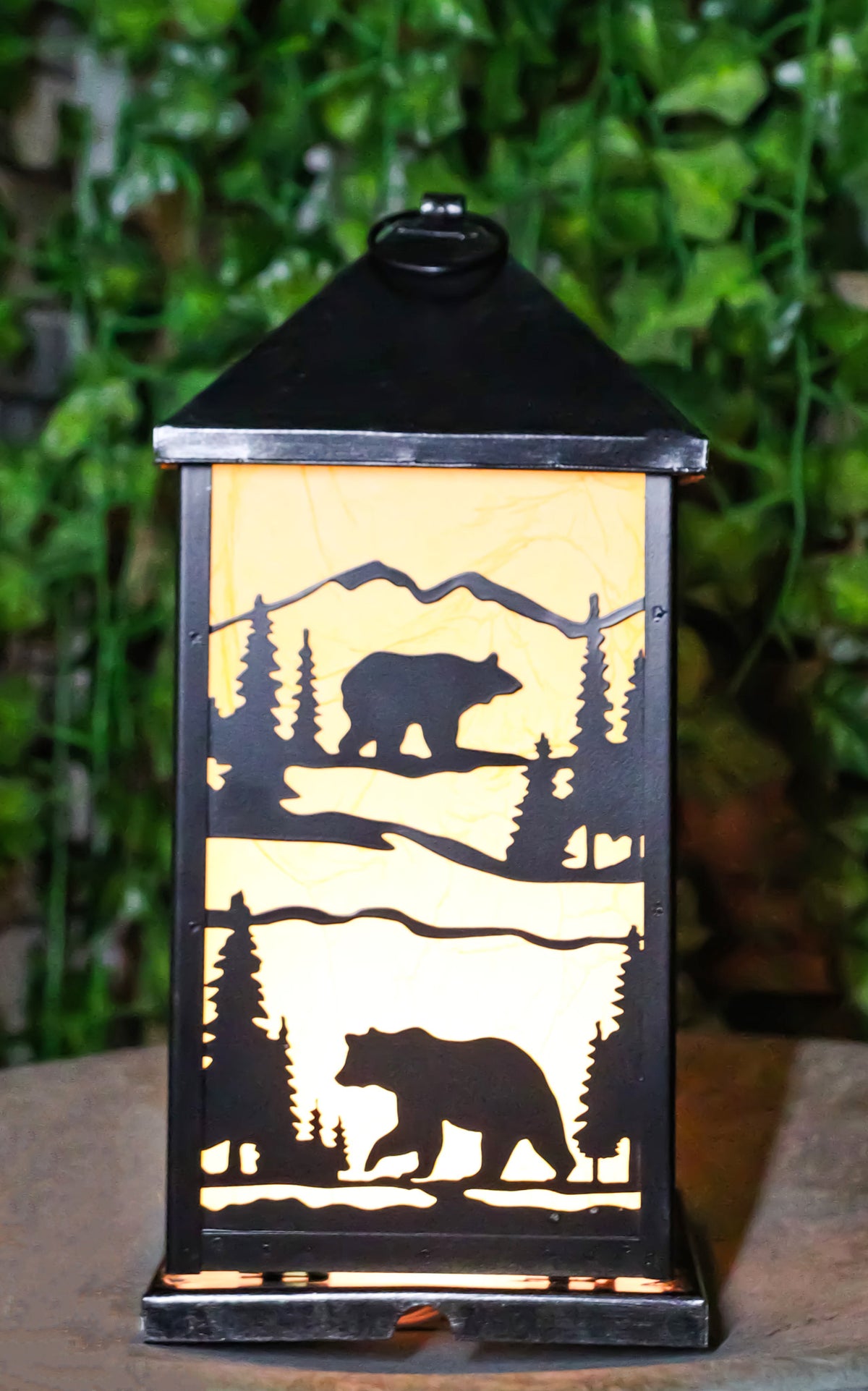 Rustic Black Bear Scenic Forest Mountains Electric Metal Wall Or Floor Lantern