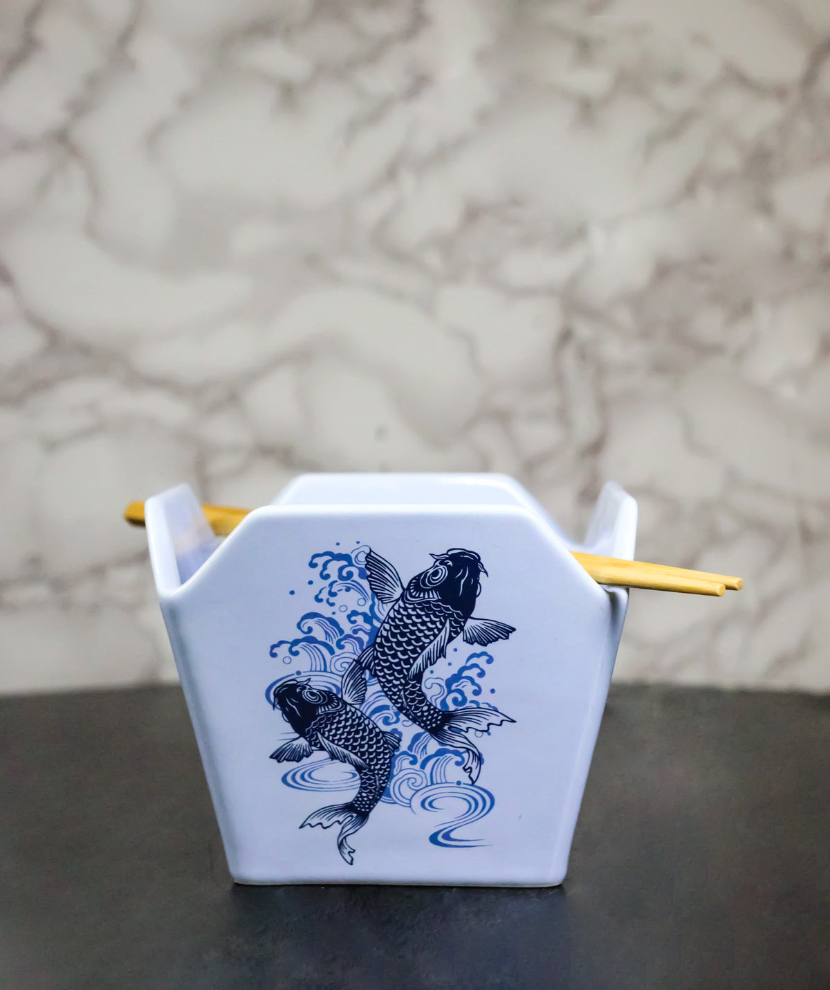 Blue Koi Fishes In Water Takeout To Go Box Serving Bowl With Chopsticks Set