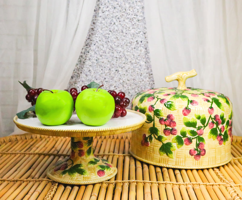 European Vineyard Grapes Ceramic Pastry Pedestal Plate Cake Stand With Dome Lid