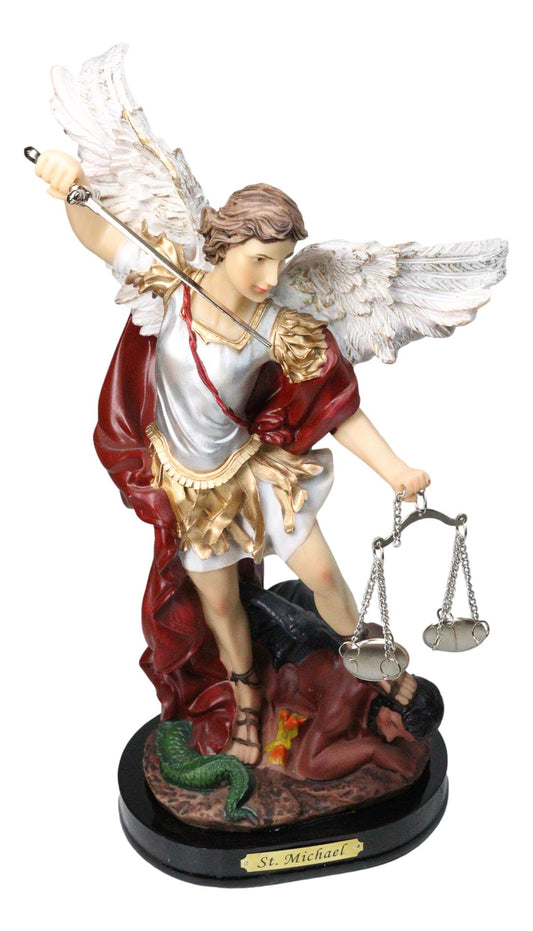 Archangel Saint Michael Trampling Satan With Sword and Scales of Justice Statue