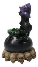 Witch Hat Black Cat Brewing Potion in LED Cauldron with Skulls Bonfire Figurine