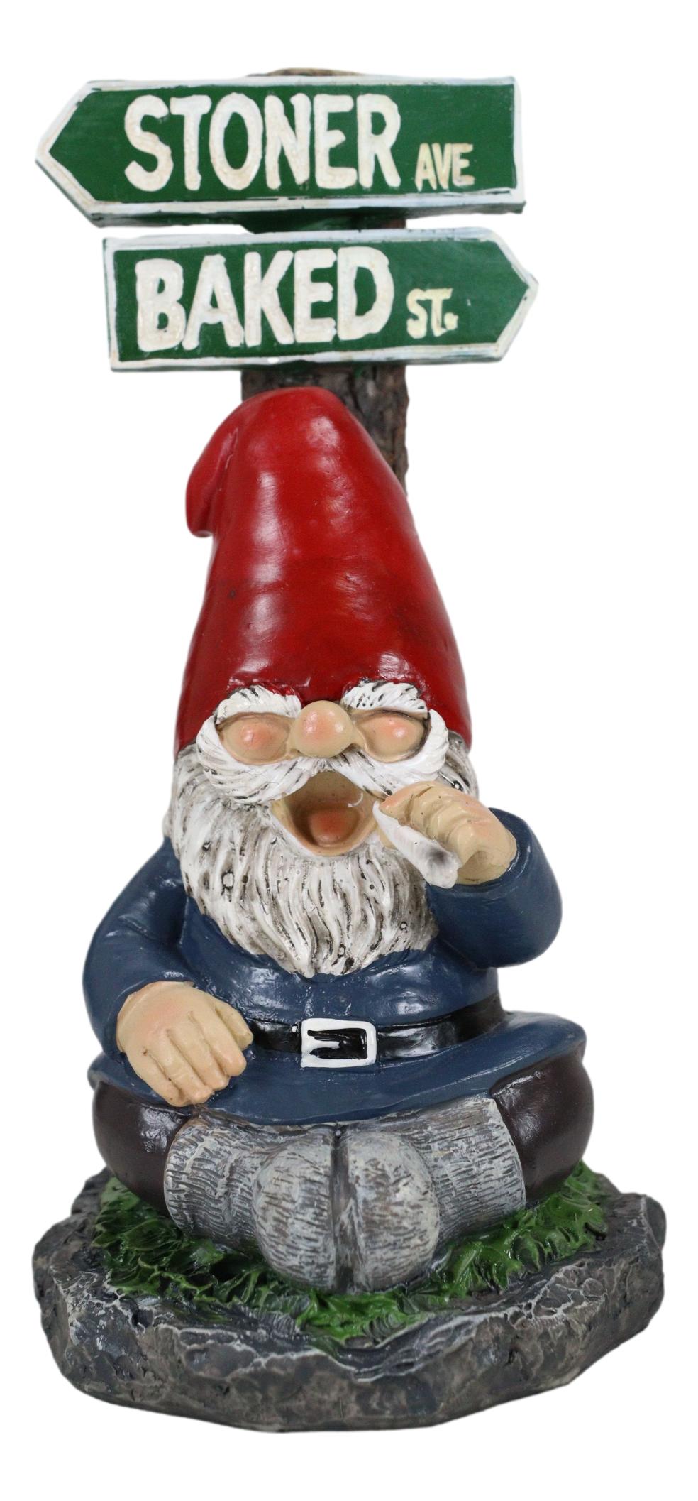 Mr Gnome Dwarf Stoner Smoking Stash Sitting By 'High' Way Crossroads Figurine