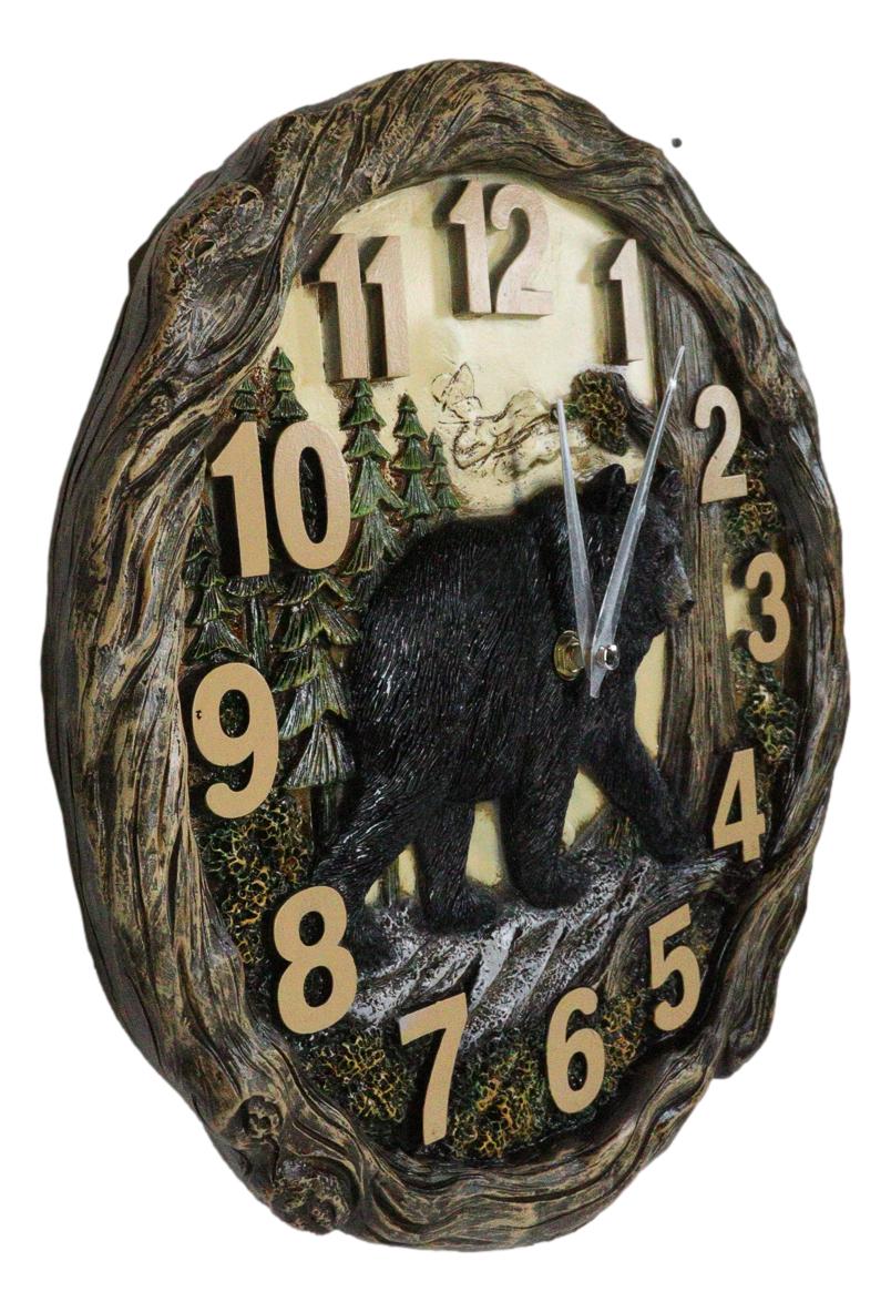 Rustic Cozy Woodland Pines Black Bear Forest Faux Wood Look Wall Clock Decor