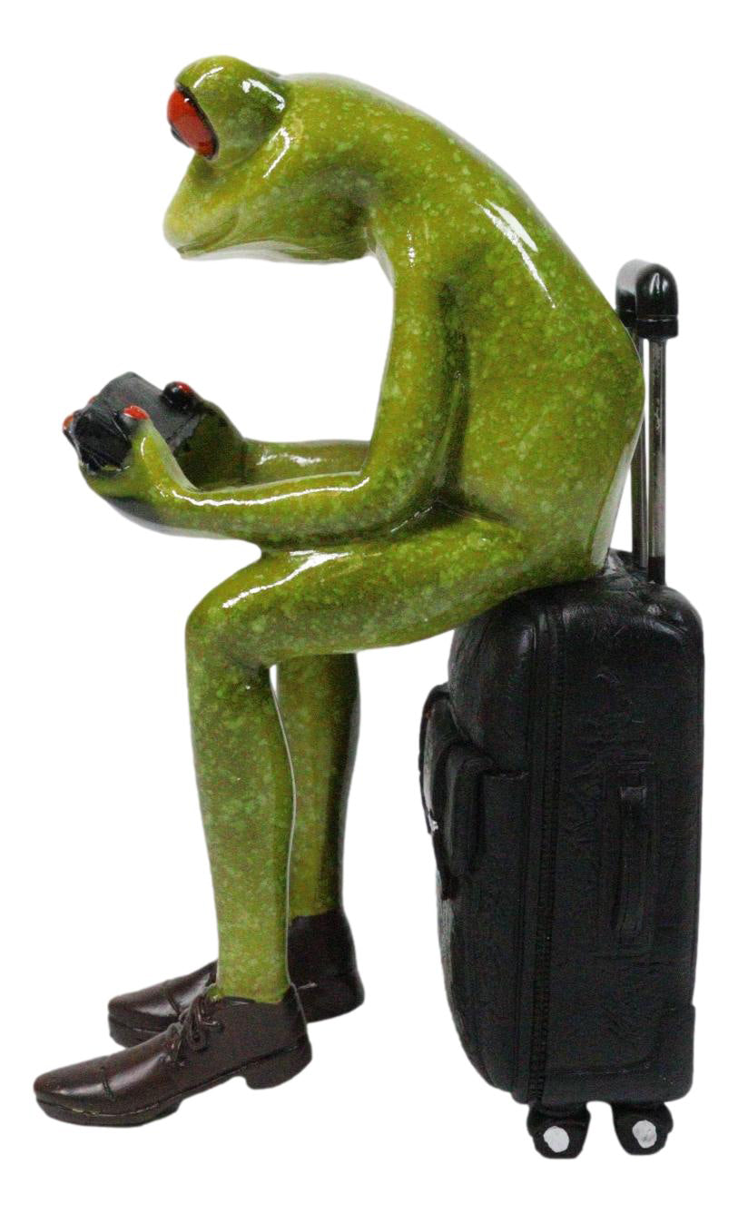 World Traveler Green Frog With Slack Shoes Sitting On Suit Case Luggage Figurine