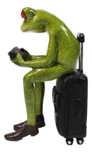 World Traveler Green Frog With Slack Shoes Sitting On Suit Case Luggage Figurine