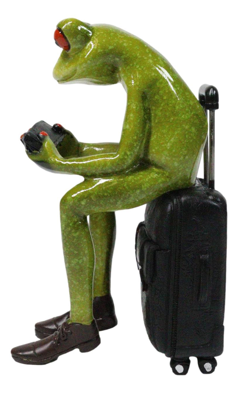 World Traveler Green Frog With Slack Shoes Sitting On Suit Case Luggage Figurine