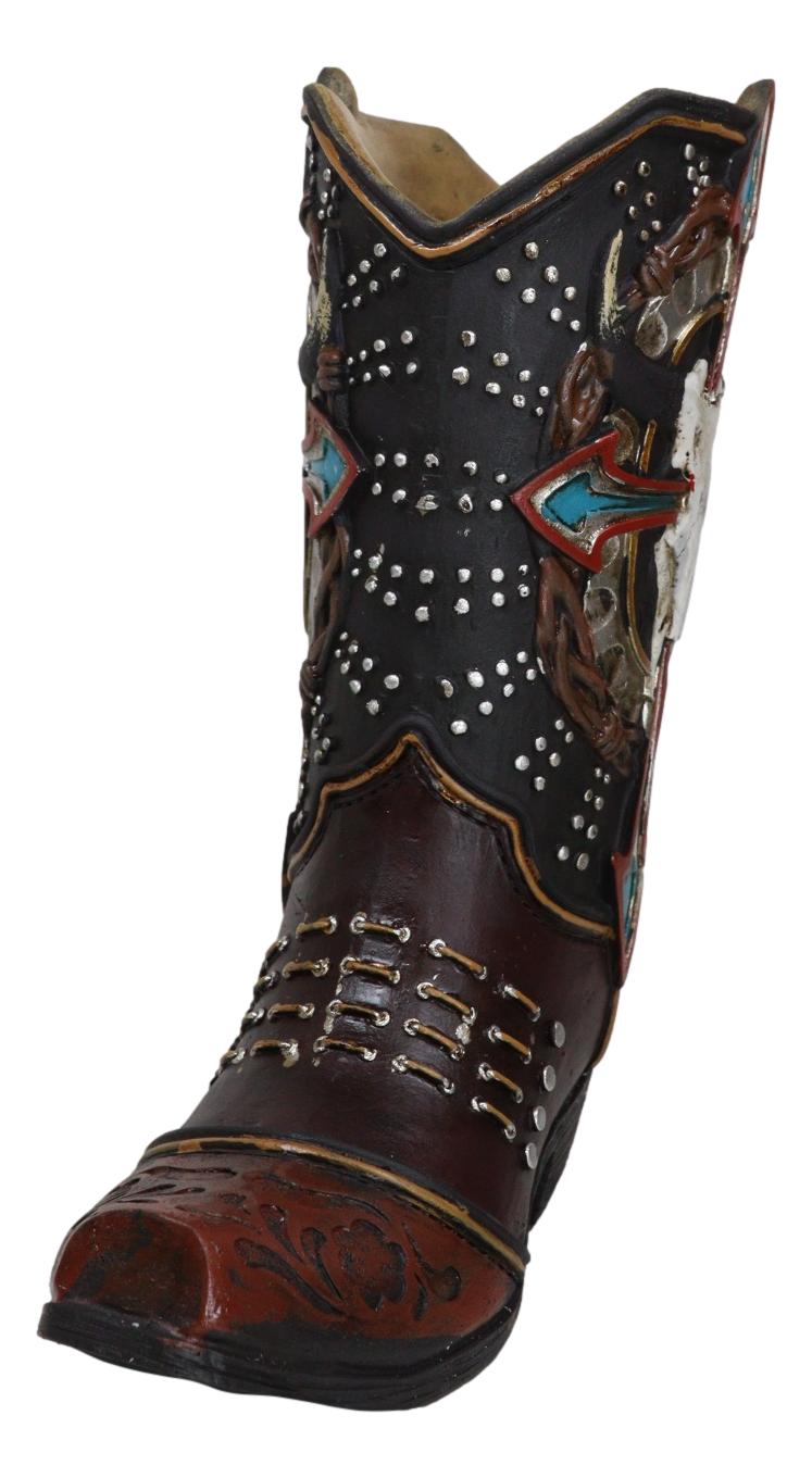 Western Cow Skull Turquoise Cross and Barbed Wires Cowboy Boot Vase Figurine