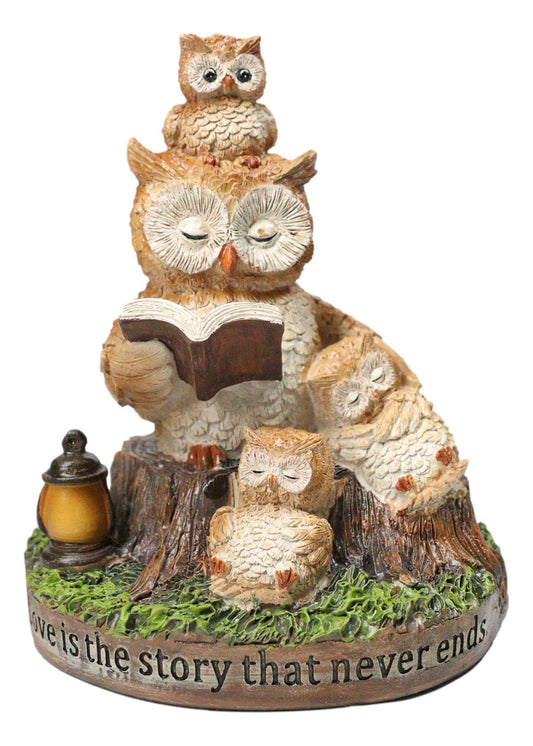 Bedtime Story Owl Mother & Owlets Figurine Owl Family Reading Book by Tree Stump