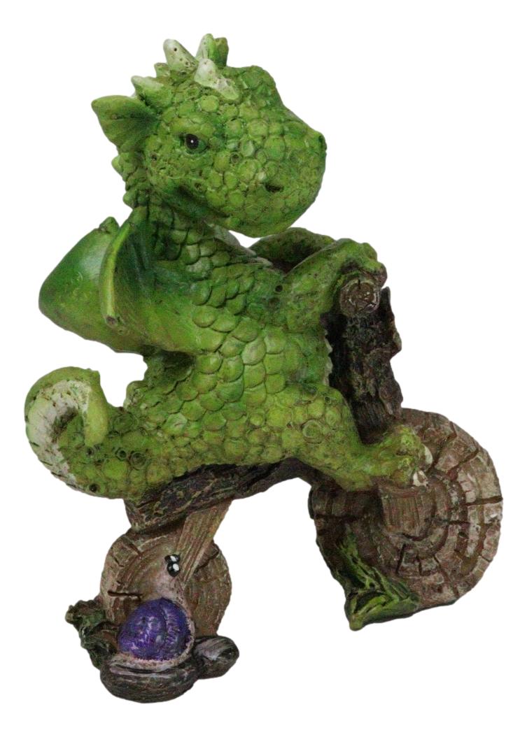 Fantasy Green Wyrmling Baby Dragon Riding A Wooden Log Cavebike Bicycle Figurine