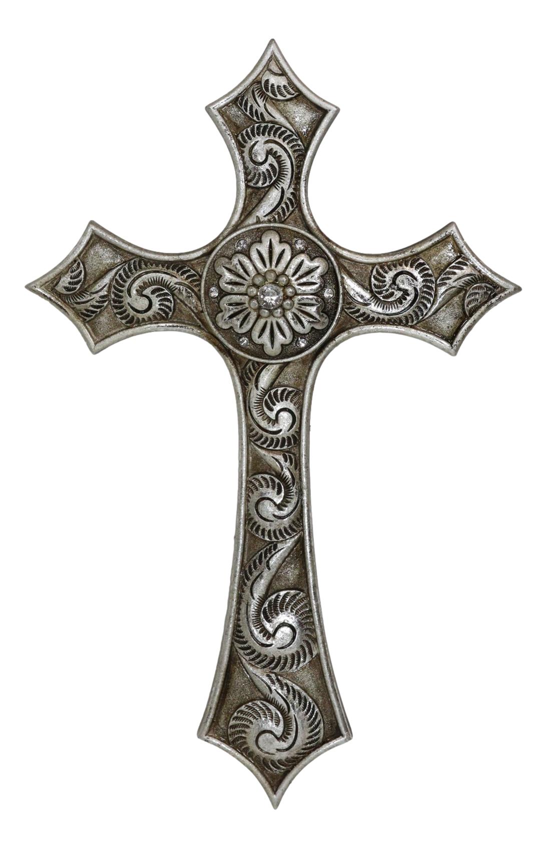 Rustic Western Silver Concho With Ornate Shell Pattern Wall Cross Decor Plaque - Ebros Gift