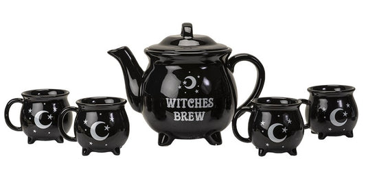 Wicca Sacred Moon And Stars Witches Brew Black Cauldron Teapot And 4 Cups Set