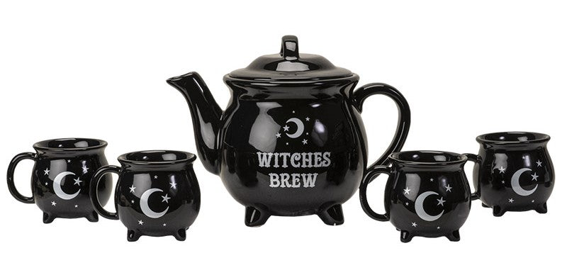 Wicca Sacred Moon And Stars Witches Brew Black Cauldron Teapot And 4 Cups Set