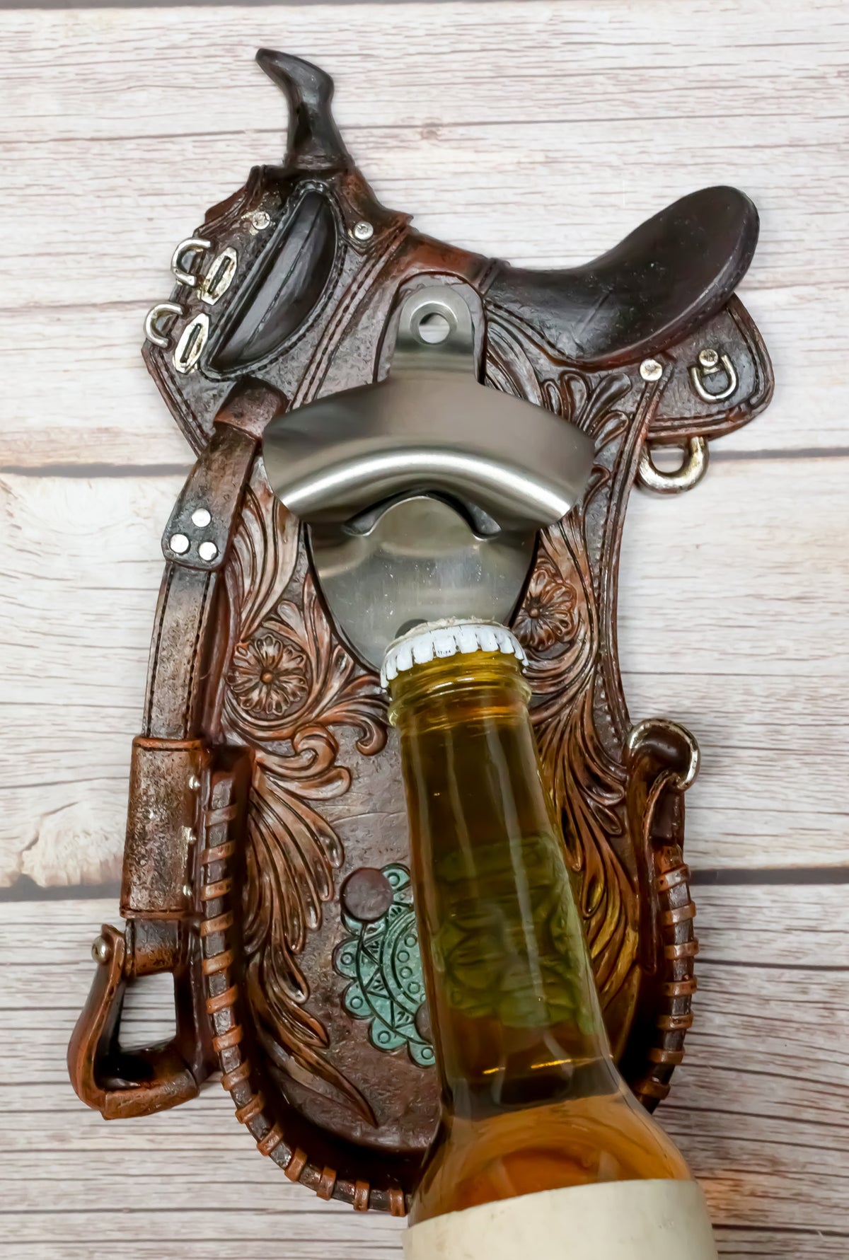 Rustic Western Cowboy Horse Saddle Tooled Floral Faux Leather Wall Bottle Opener